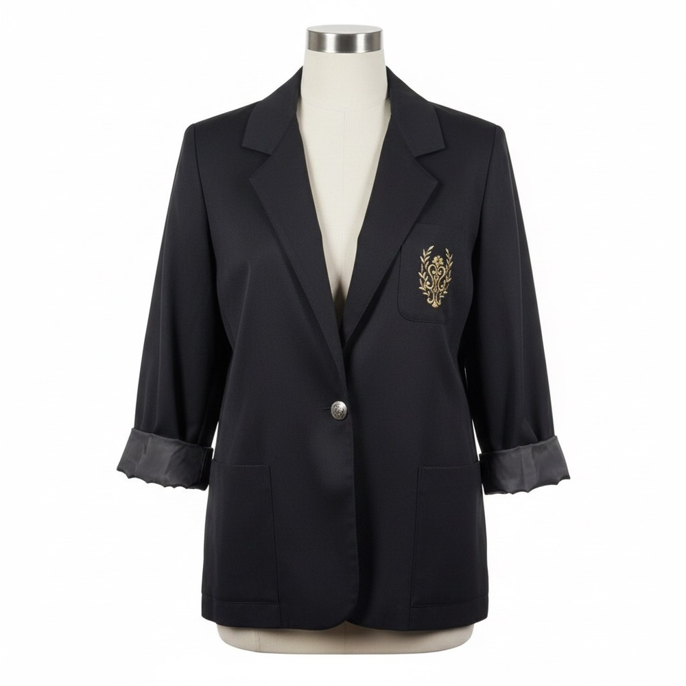 Vintage Joanna Blazer M Black Gold Crest Embroidered Academic School Girl Preppy